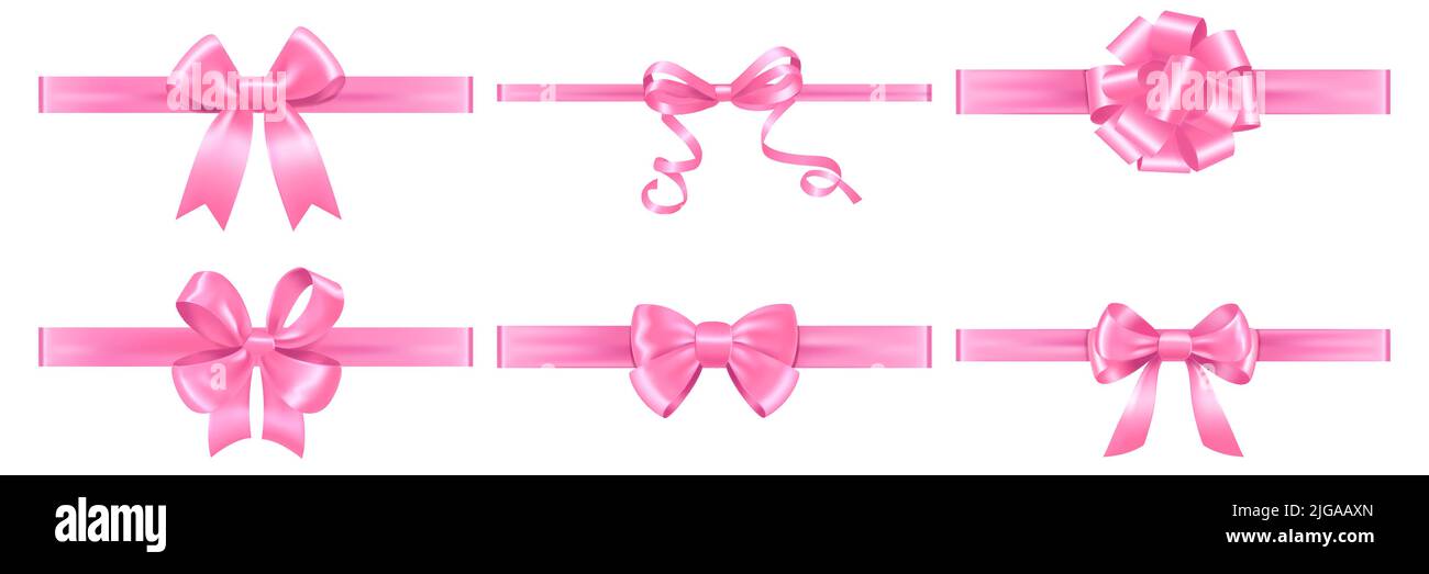Pink shiny satin ribbons with bows realistic set isolated on white ...