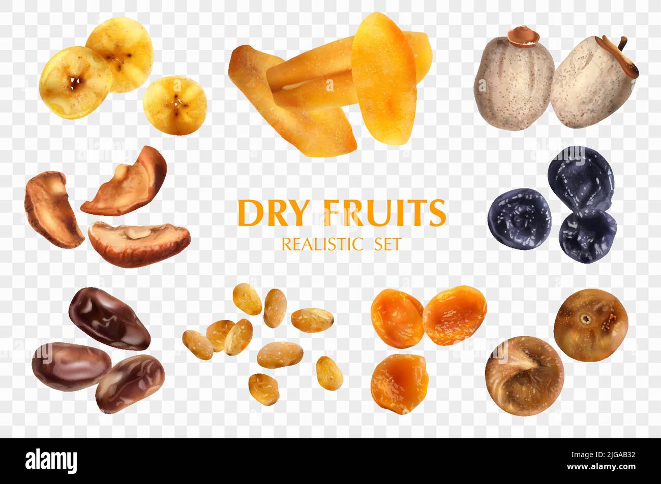 Dry fruits set on transparent background with whole and slices