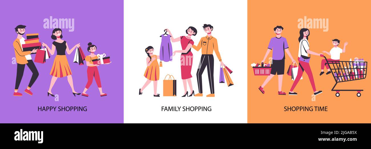 Shopping design concept with three square compositions of buyers ...