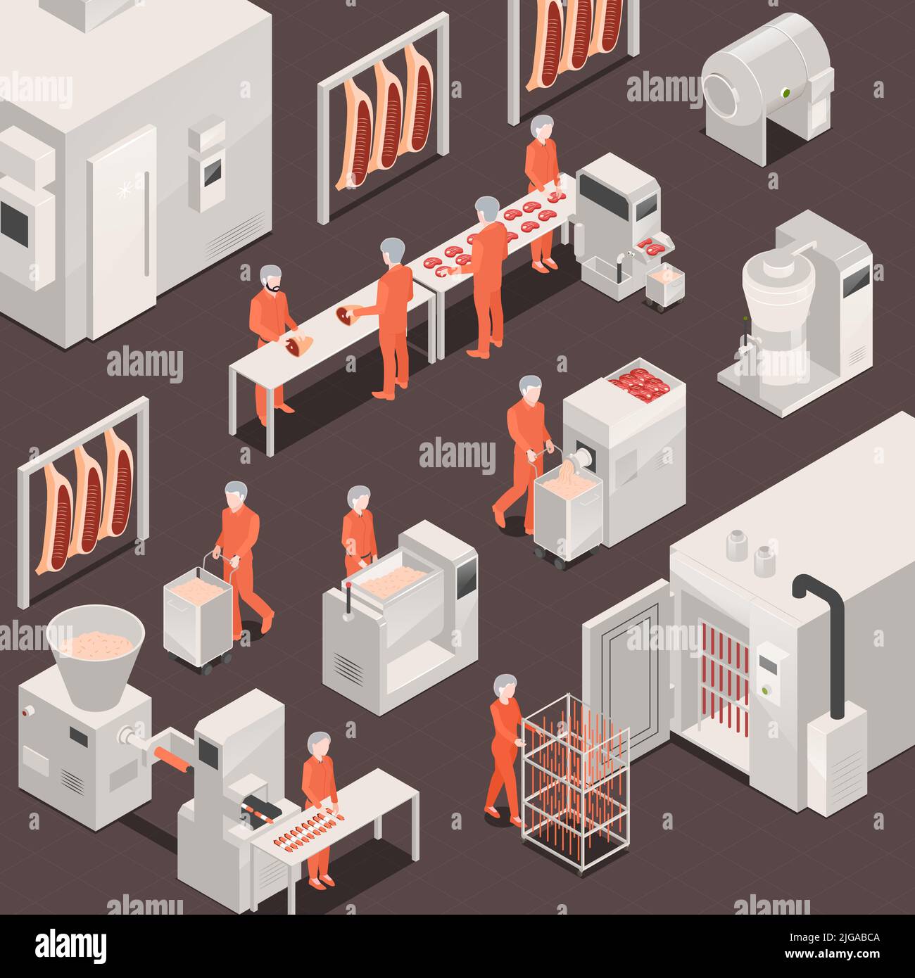 People in uniform working at processed meat production factory 3d