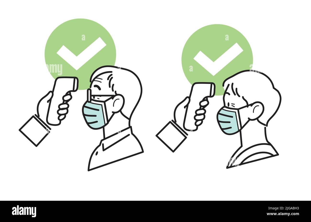 Covid19 coronavirus preventive measure line icons vector set. Body temperature check on old man and old woman wearing surgical mask. Stock Vector