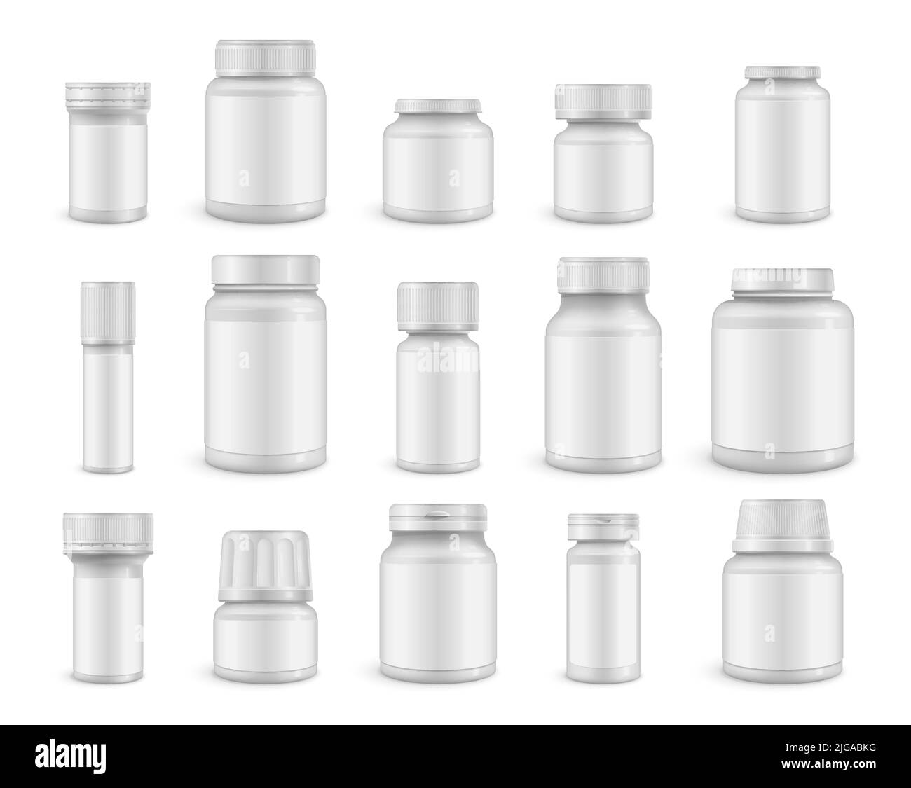 Medicine bottle packaging mockup blank realistic set isolated vector illustration Stock Vector