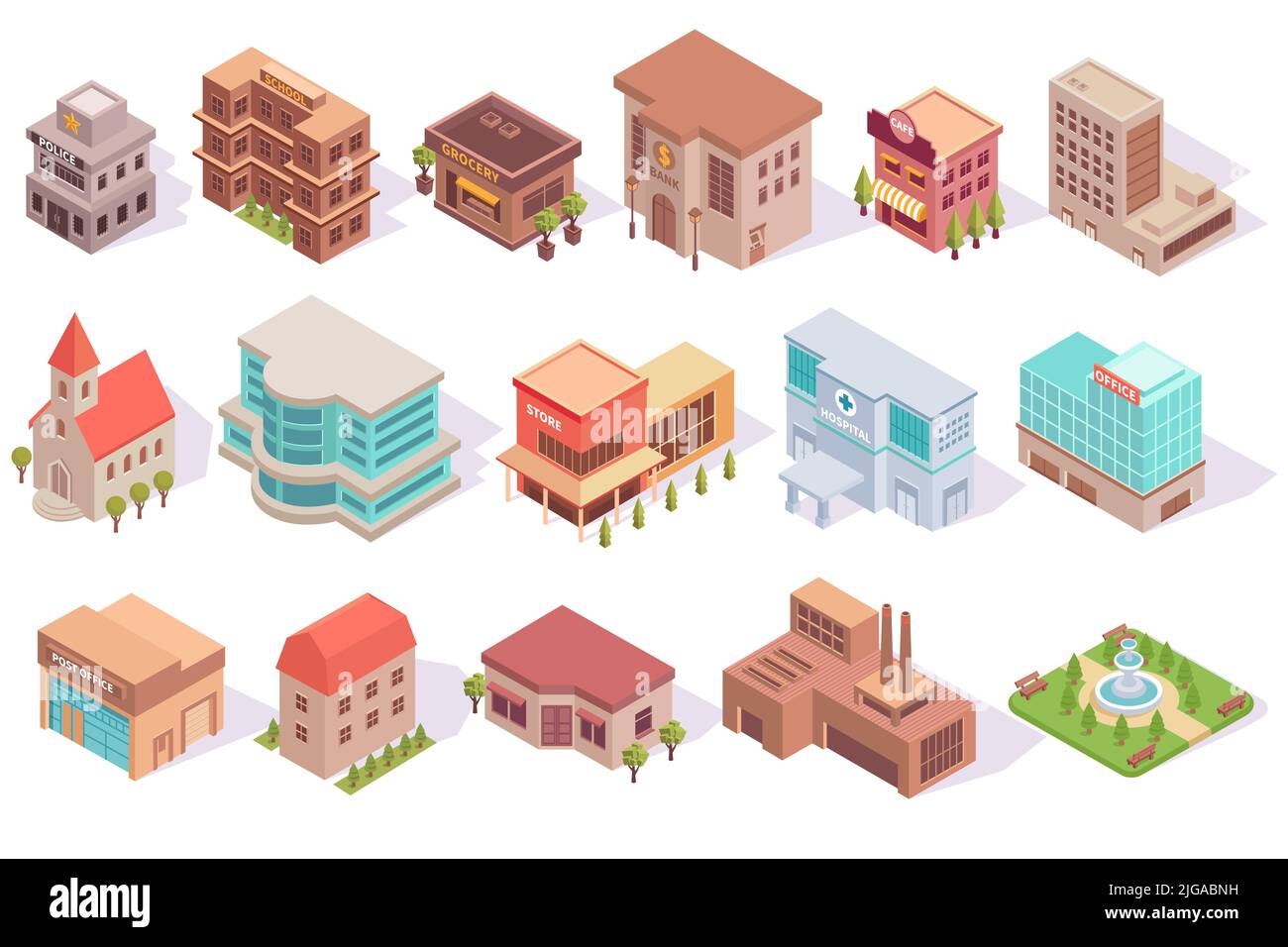 City set of isometric images of colourful modern architecture isolated ...