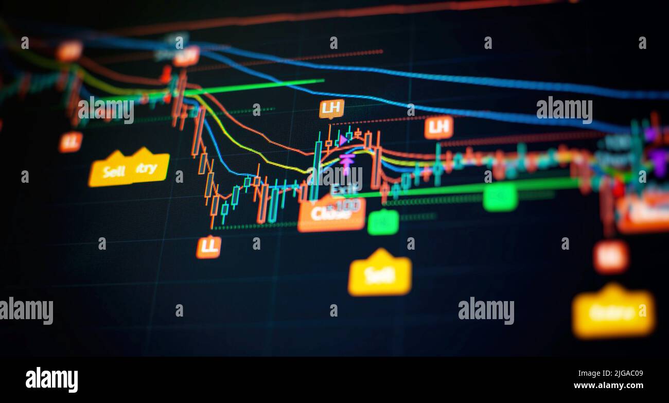 price graph and indicator, red and green candlestick chart on blue theme  screen, market volatility, up and down trend. Stock trading, crypto currency  Stock Photo - Alamy