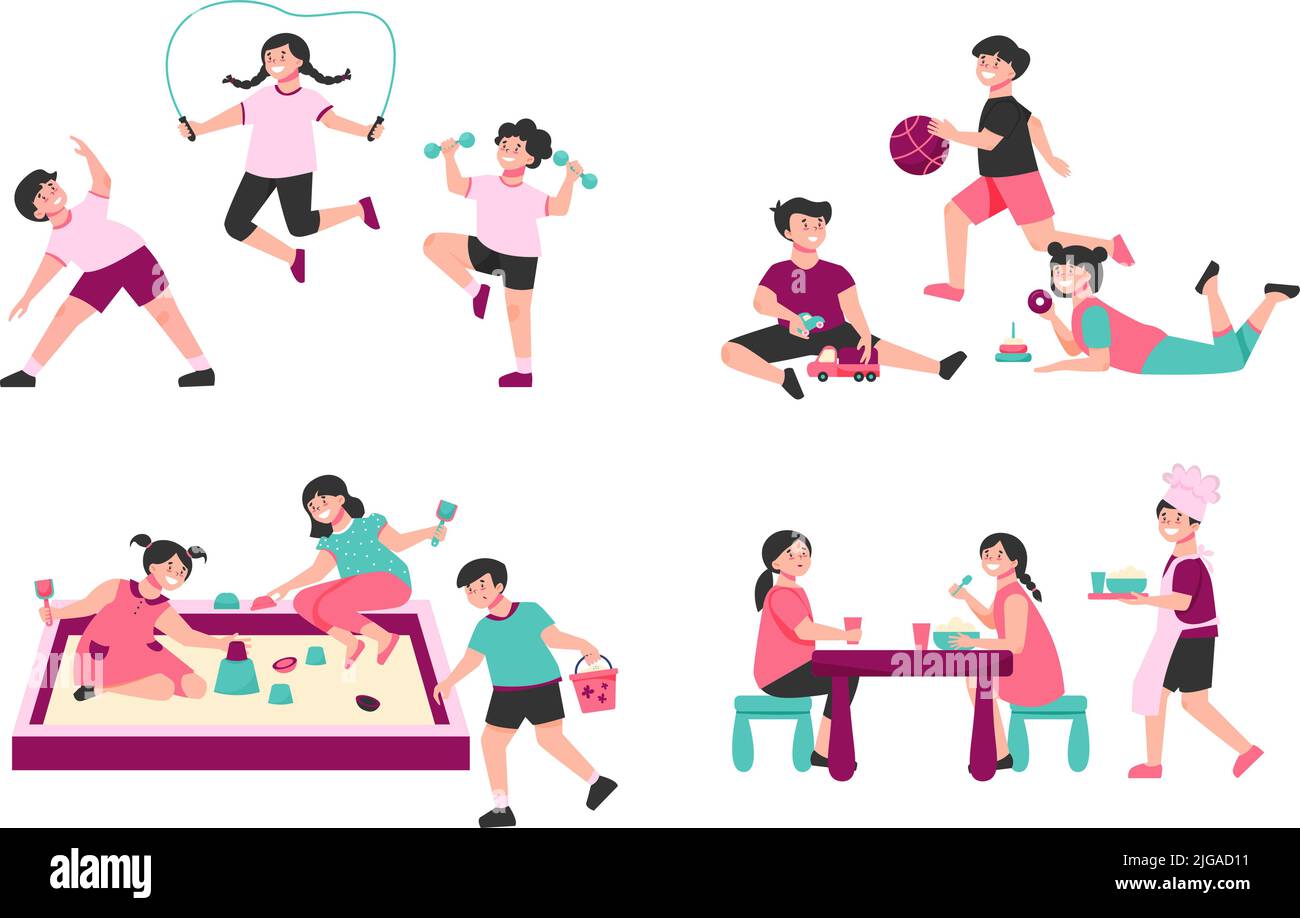 Set with four isolated kindergarten compositions with characters of