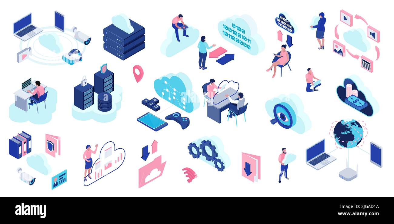 Cloud technology color set with big data symbols isometric isolated vector illustration Stock Vector