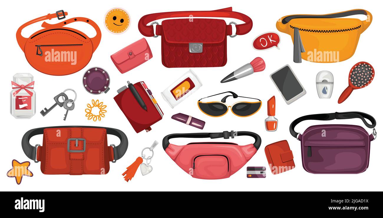 Trendy waist bags and their contents including comb glasses keys purse cosmetic bag smartphone colored set isolated vector illustration Stock Vector