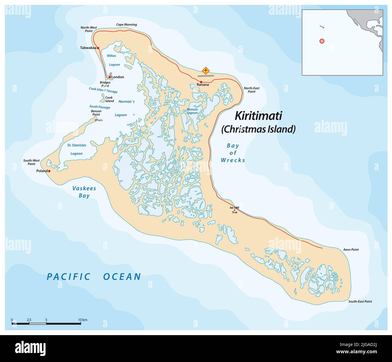 Vector map of Kiritimati Island, an atoll belonging to Kiribati Stock Photo