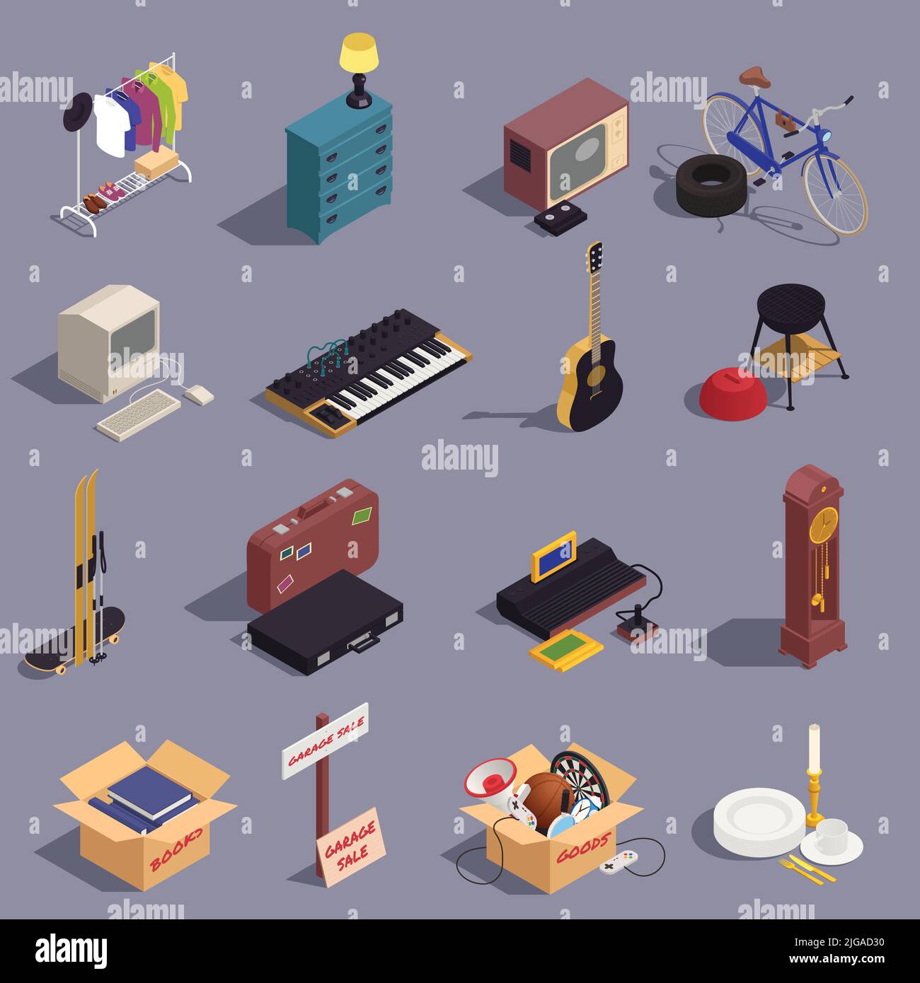 Flea market and garage sale isometric icons set with vintage goods isolated vector illustration Stock Vector