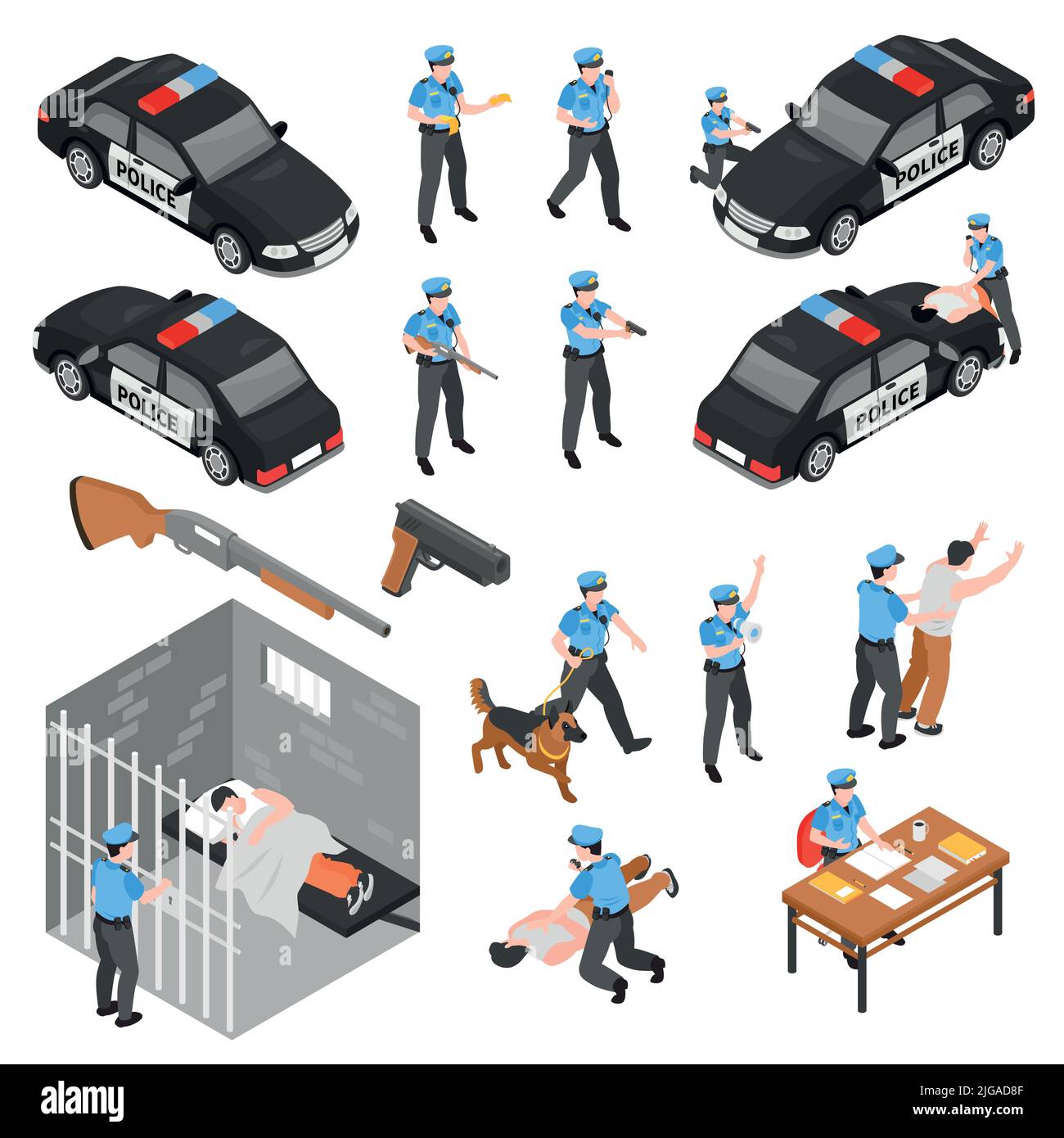 Police isometric icons set of policeman characters in uniform with ...