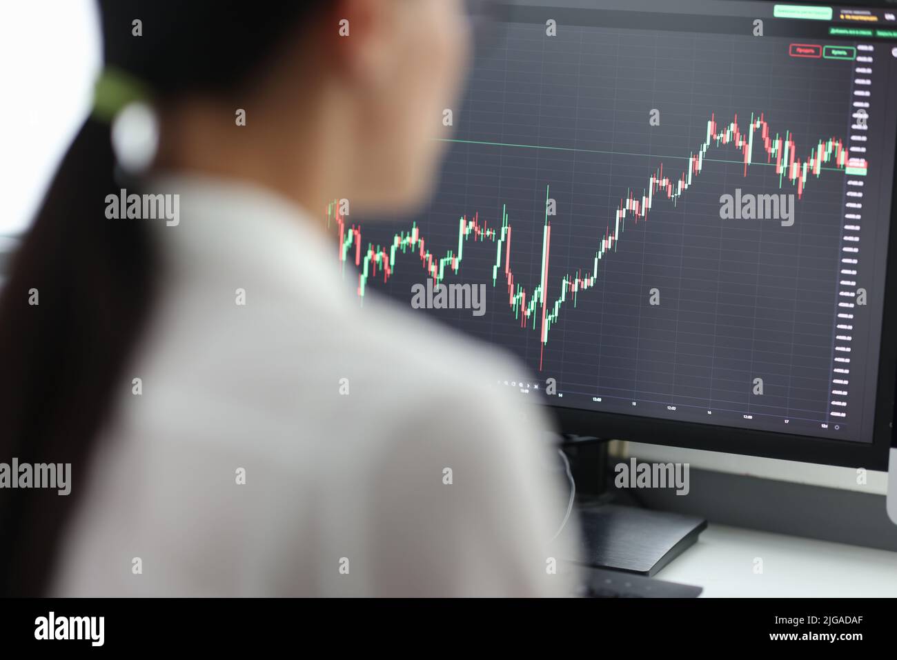 Happy woman trader working on pc and making technical analysis of trends Stock Photo