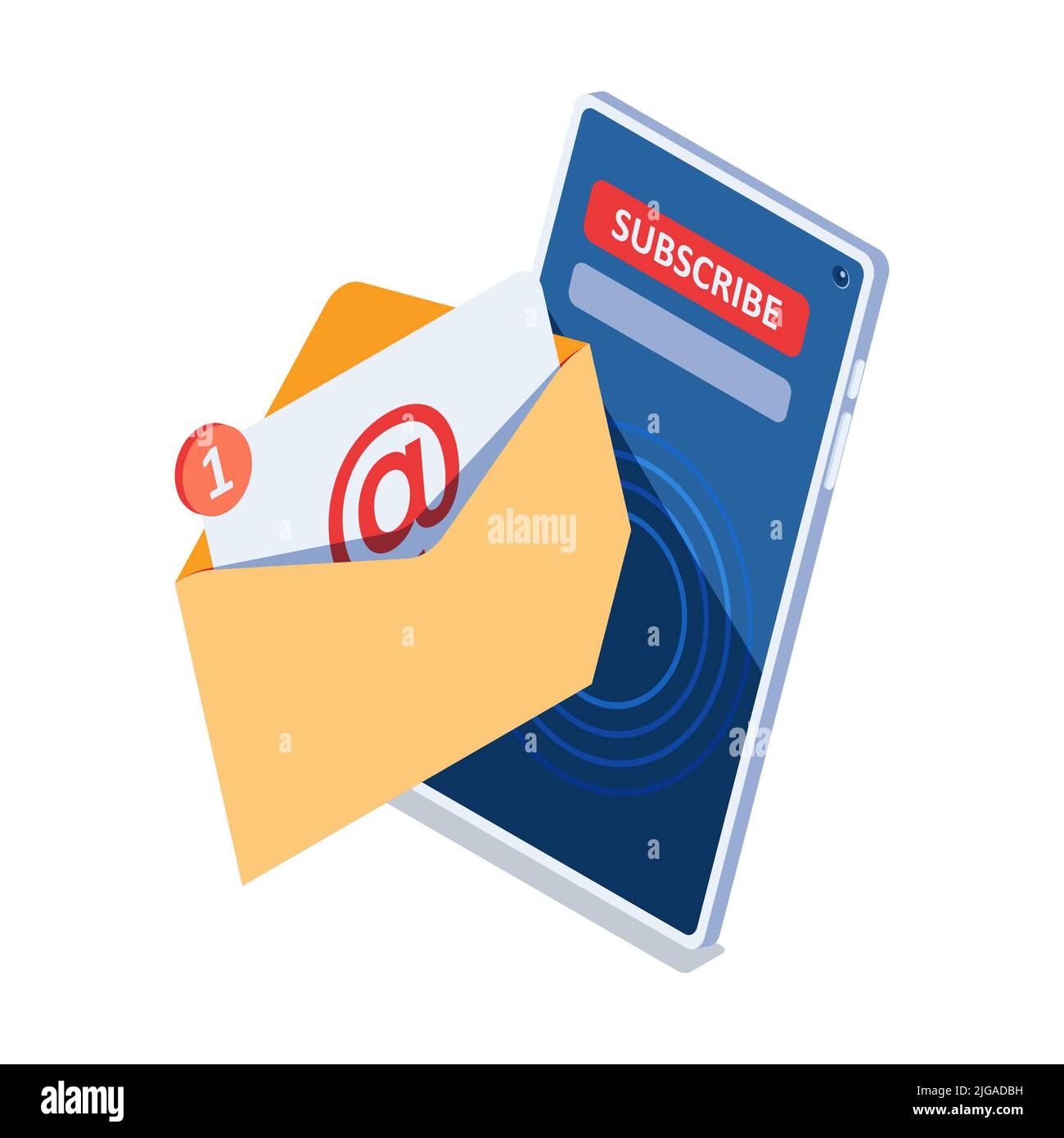 Flat 3d Isometric Email Notification with Subscribe Button on Smarthpone Screen. Newsletter subscription and Email Marketing Concept. Stock Vector