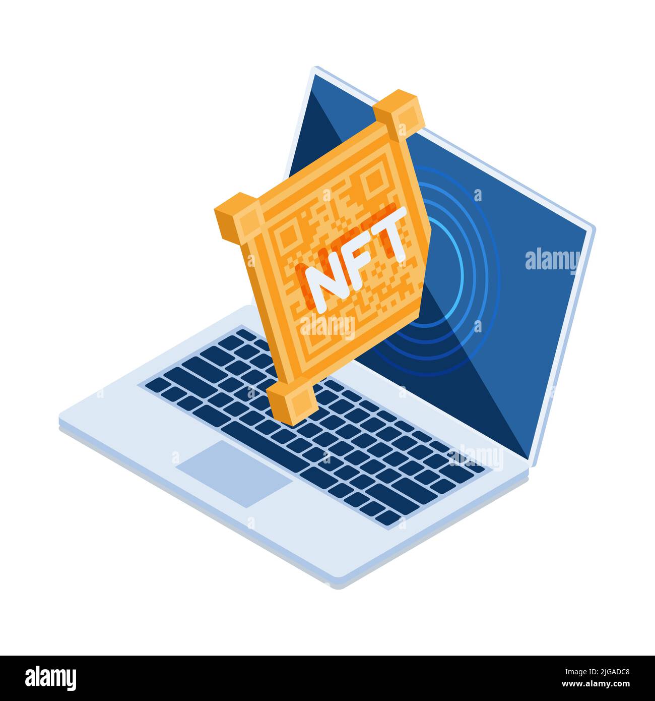 Flat 3d Isometric NFT Art Inside Laptop Monitor. Non Fungible Token or Cryptocurrency Concept. Stock Vector