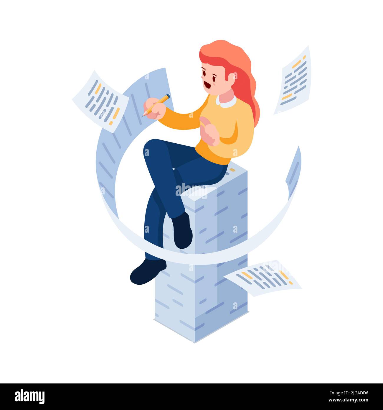 Flat 3d Isometric Woman Writing and Sitting on Document Stack. Writer and Paperwork Concept. Stock Vector