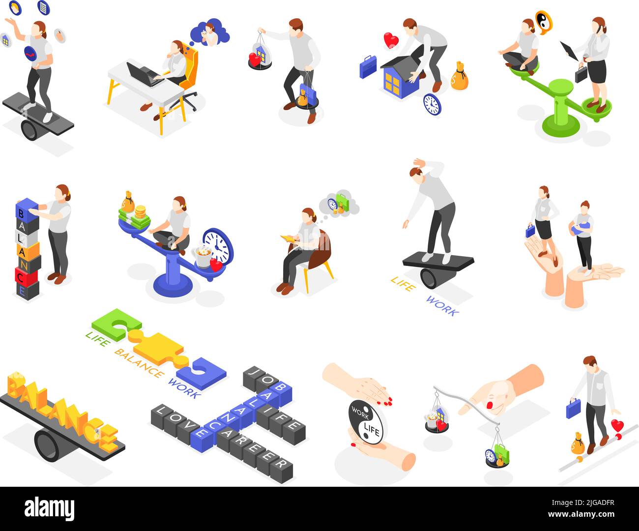 Isometric balancing in life conceptual icons set with human characters ...
