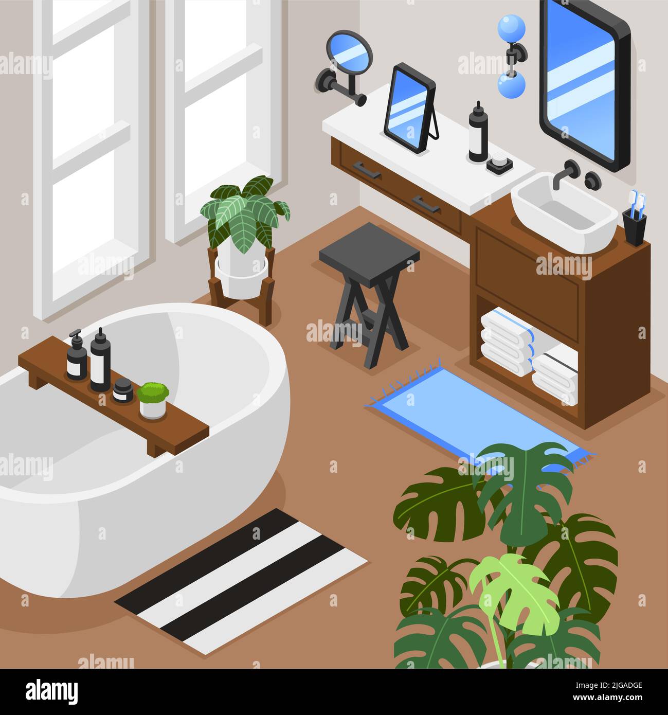 Isometric background with interior of modern bathroom with bathtub washbasin dressing table three mirrors rugs and houseplants 3d vector illustration Stock Vector