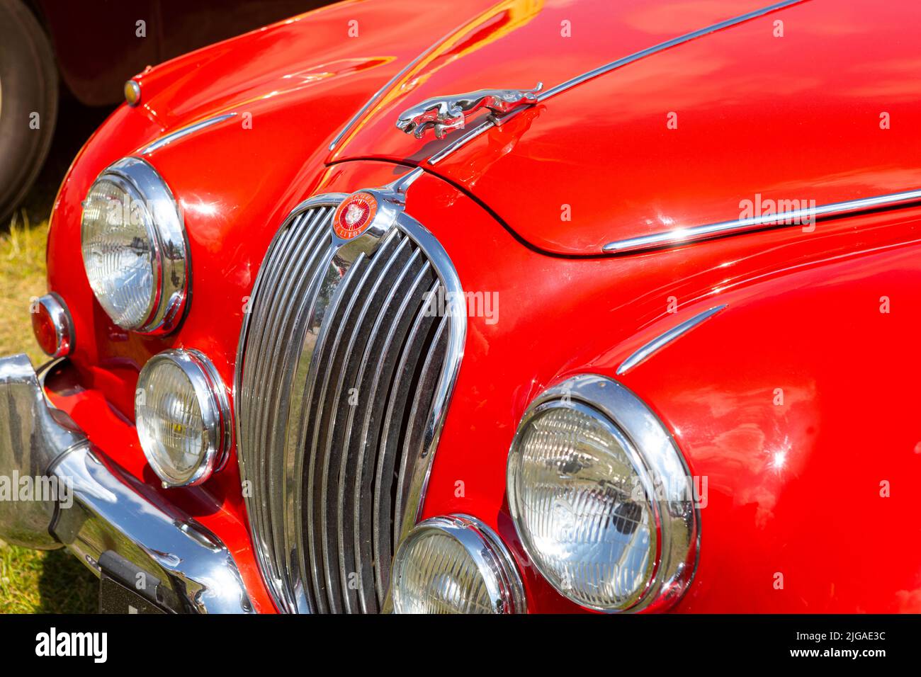 The bonnet and headlights of a red Jaguar 3.4 litre car Stock Photo