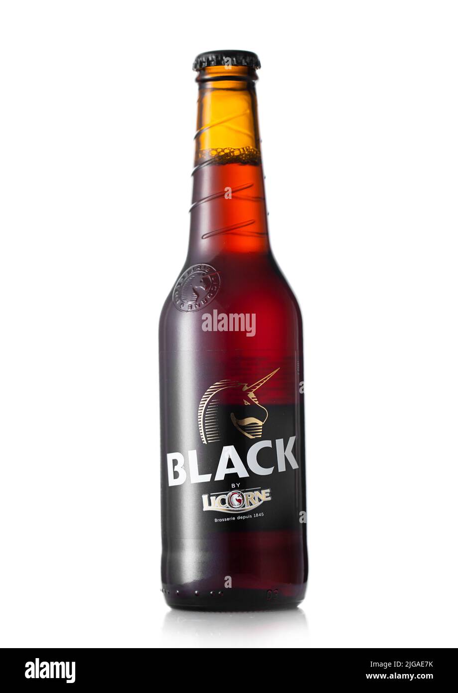 LONDON, UK - JULY 03, 2022: Bottle of Black Licorne dark beer on white. Stock Photo