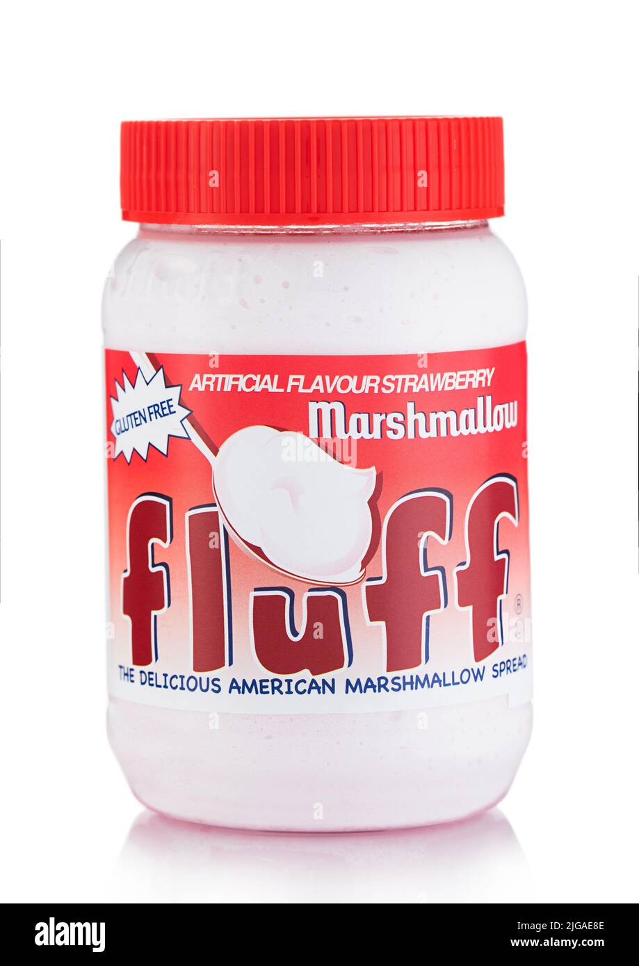 LONDON,UK - MAY 29, 2022: Fluff strawberry delicious american marshmallow spread on white. Stock Photo