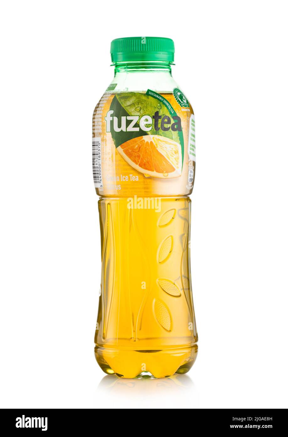 LONDON,UK - APRIL 11, 2022: Bottle of Fuze Green Tea with Lemon on white. Stock Photo