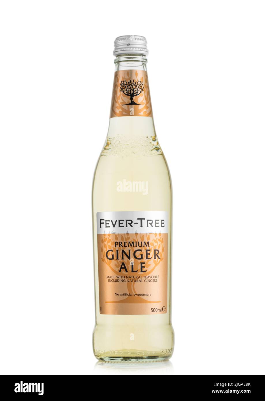LONDON,UK - MAY 11, 2022: Bottle of Premium Ginger Ale soda drink by Fever Tree on white. Stock Photo