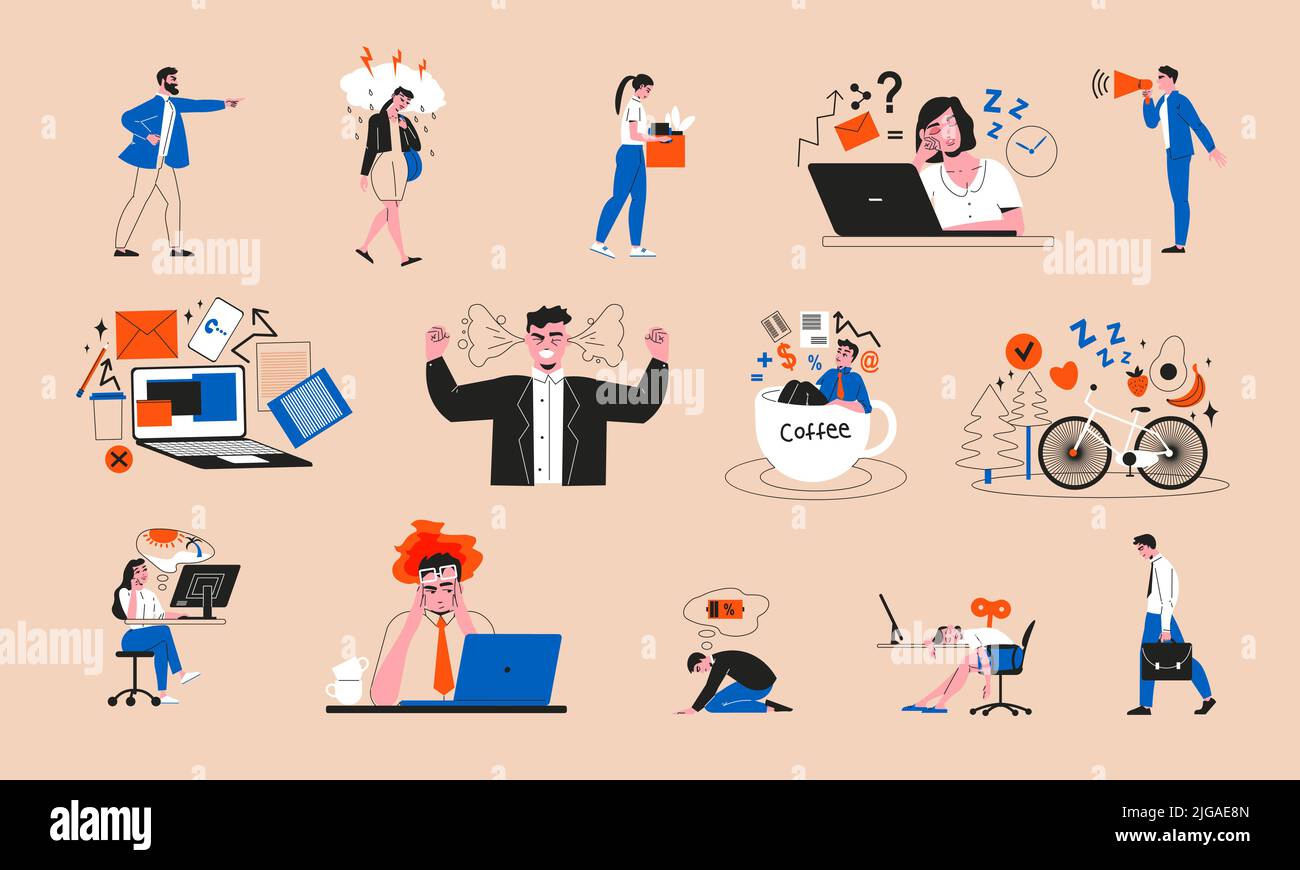 Professional burnout flat color set of young people exhausted and tired from hard work needed in vacation isolated vector illustration Stock Vector
