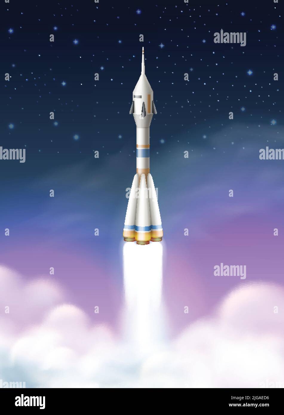 Rocket launch on realistic background with starry sky and clouds vector ...