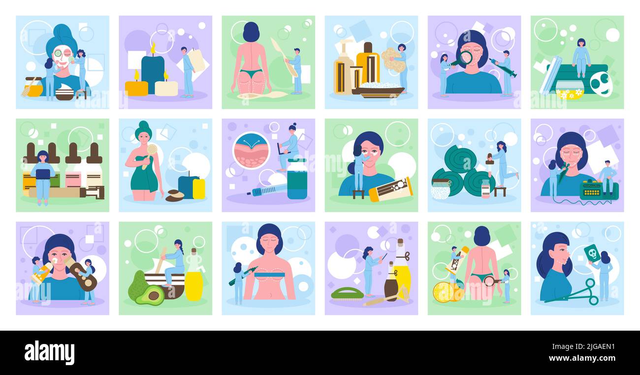 Beauty procedure set with square compositions of flat icons female ...