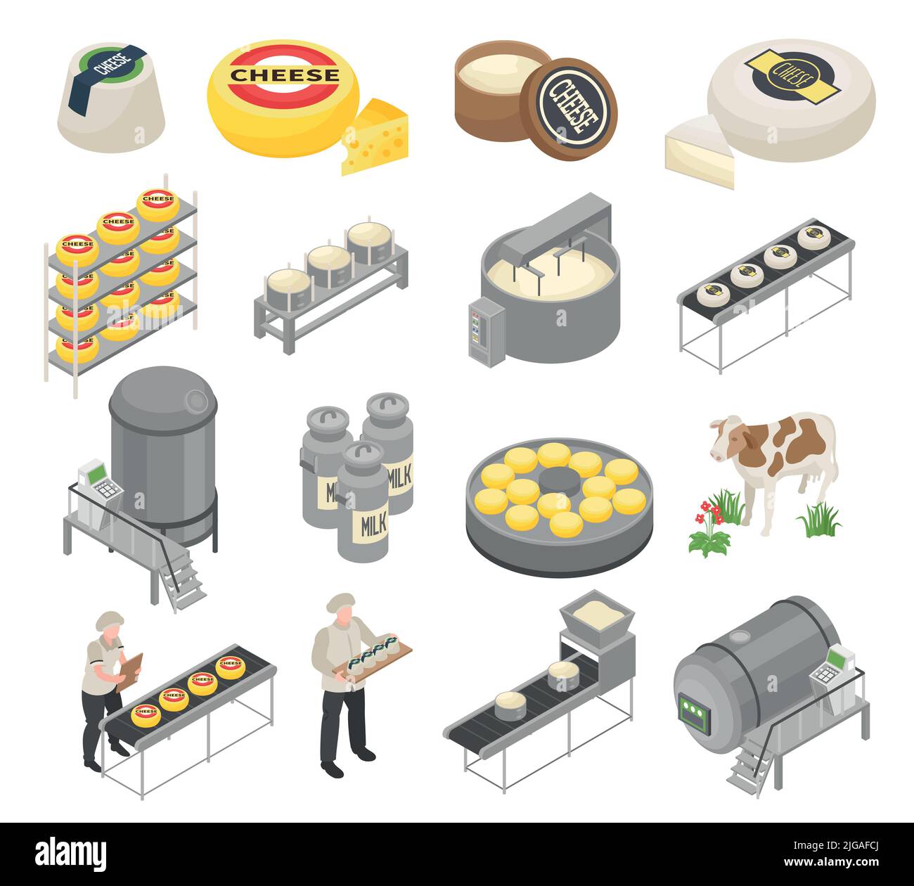 Isometric cheese production set of isolated icons with ready product ...