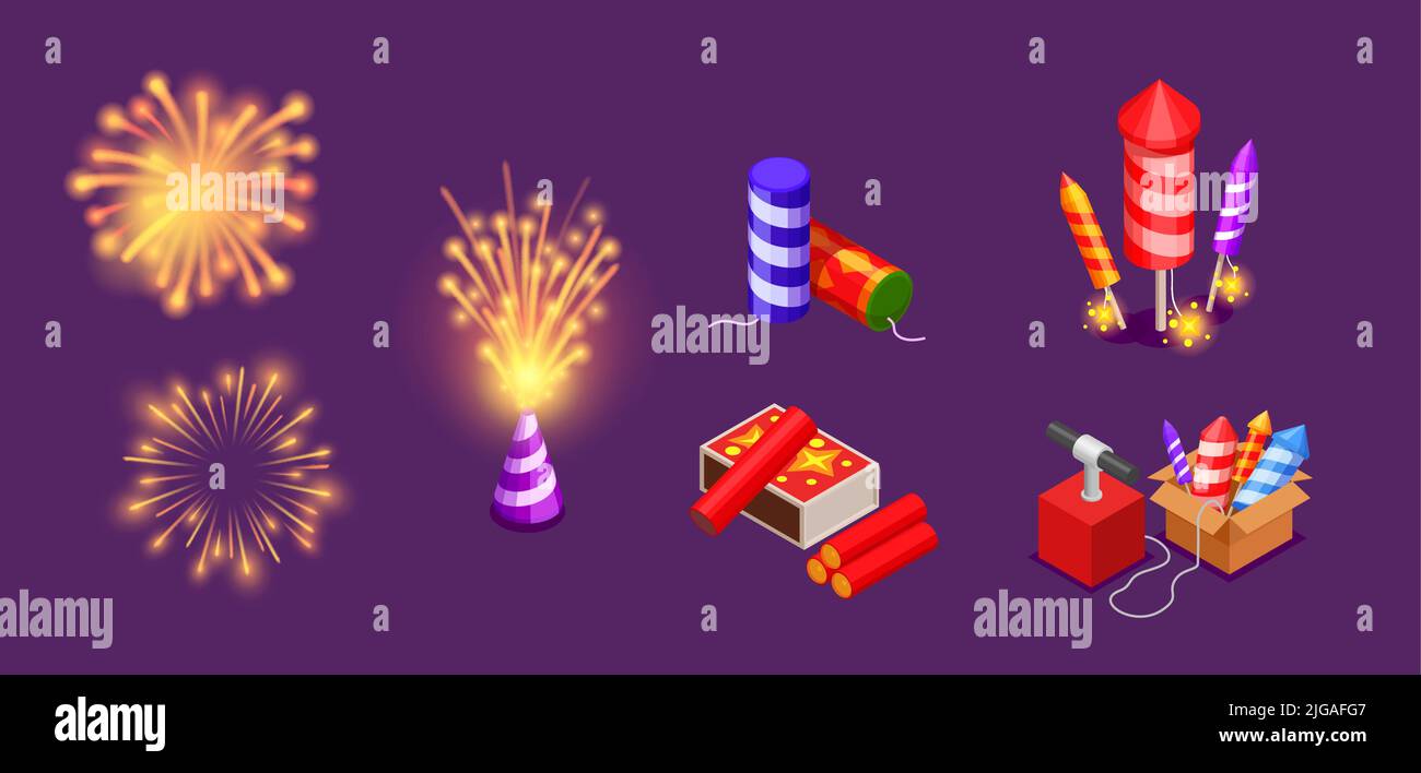Fireworks isomateic set with petards and explosions isometric vector illustration Stock Vector