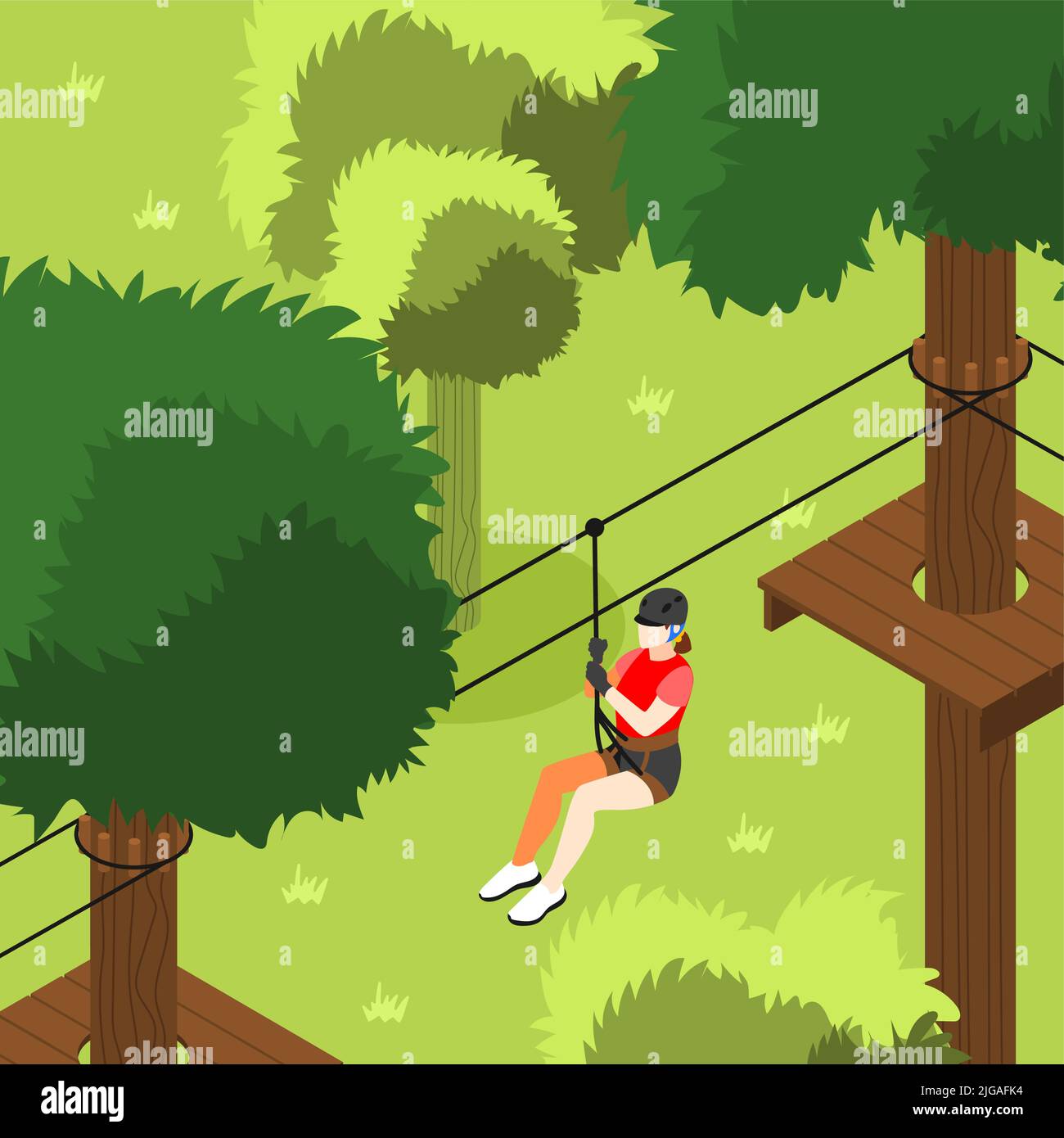 Rope park colored background with young girl character coming on zip line isometric vector illustration Stock Vector