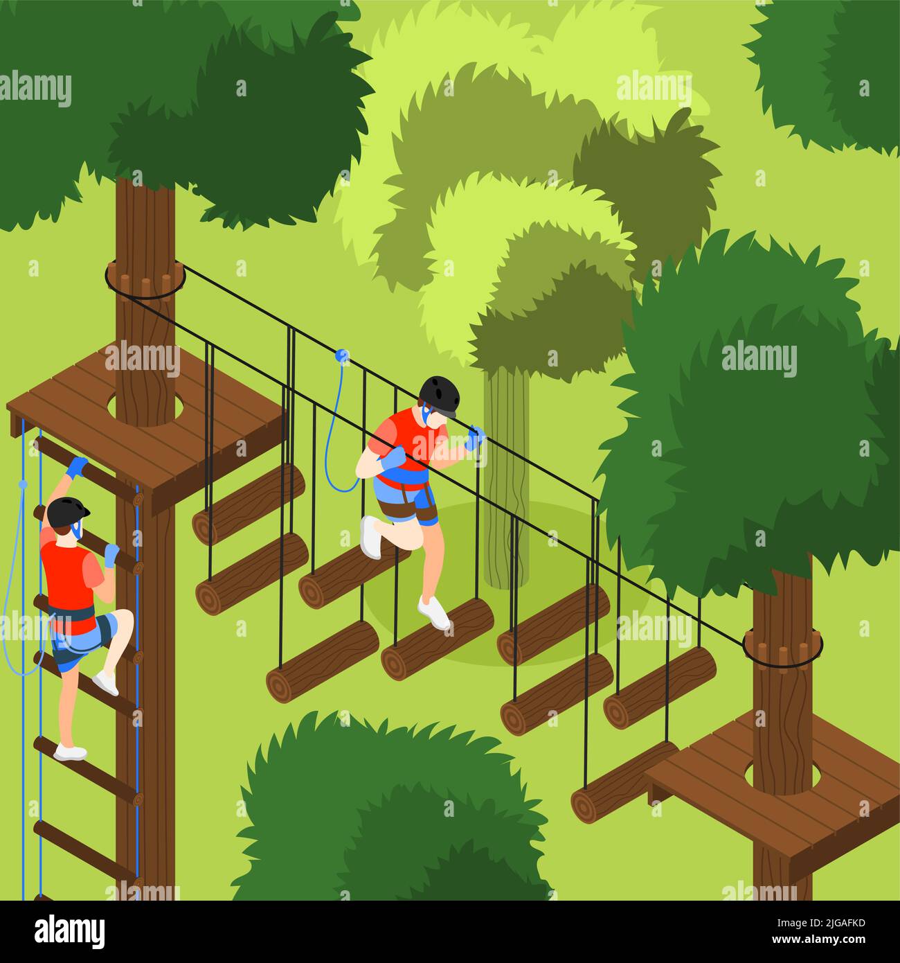 Adventure park colored background with active young male characters using rope ladder for fun isometric vector illustration Stock Vector