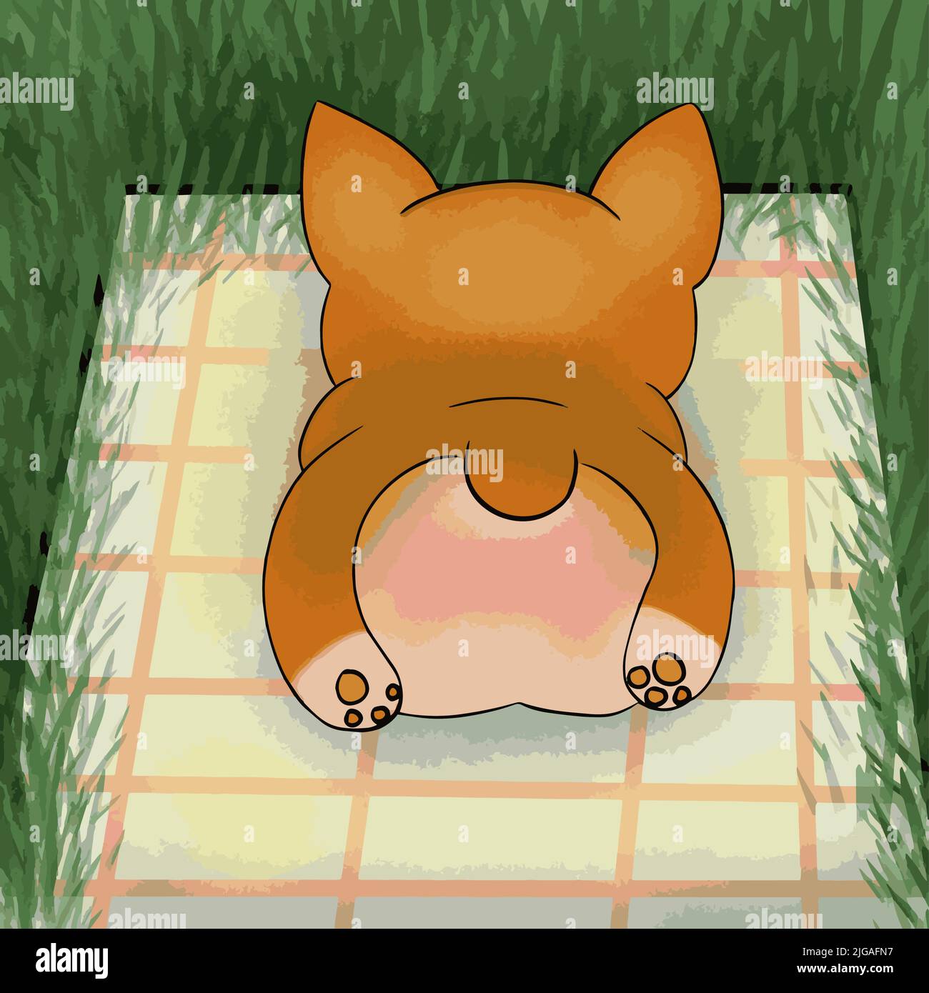 Shiba lies with his back on a litter on his tummy against the background of a meadow Stock Vector