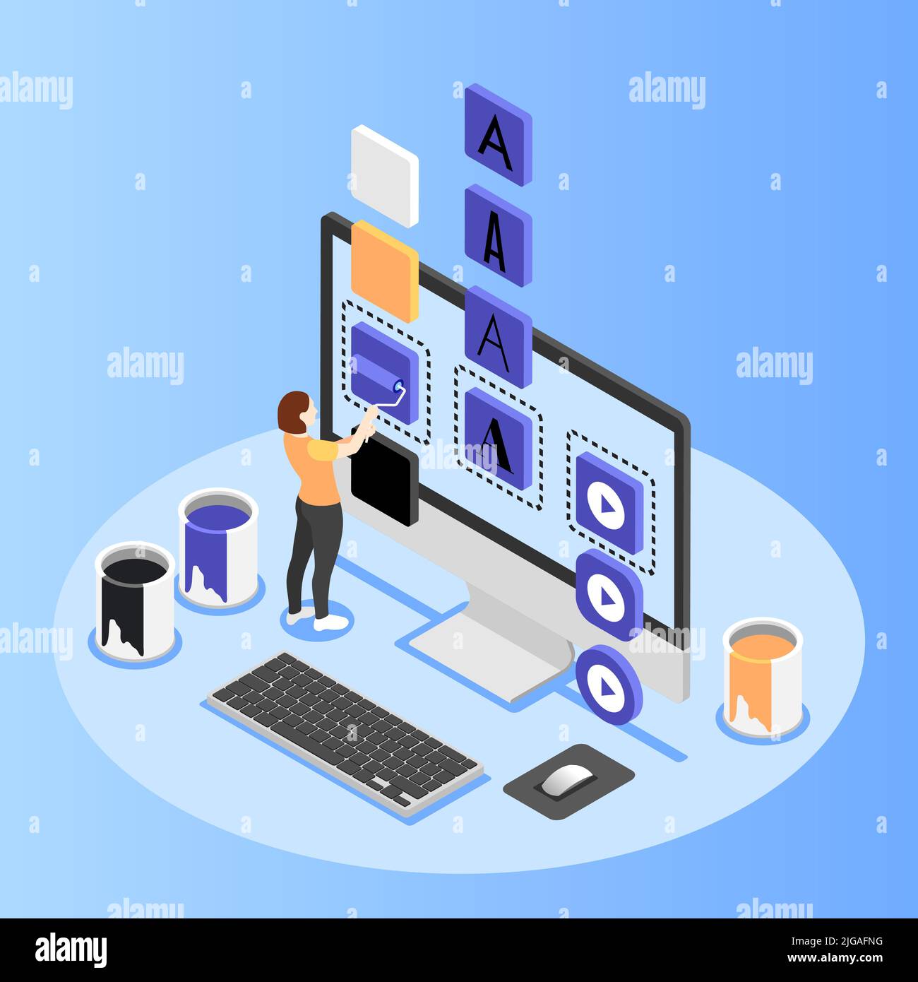 UI and UX design isometric background with female designer selecting ...