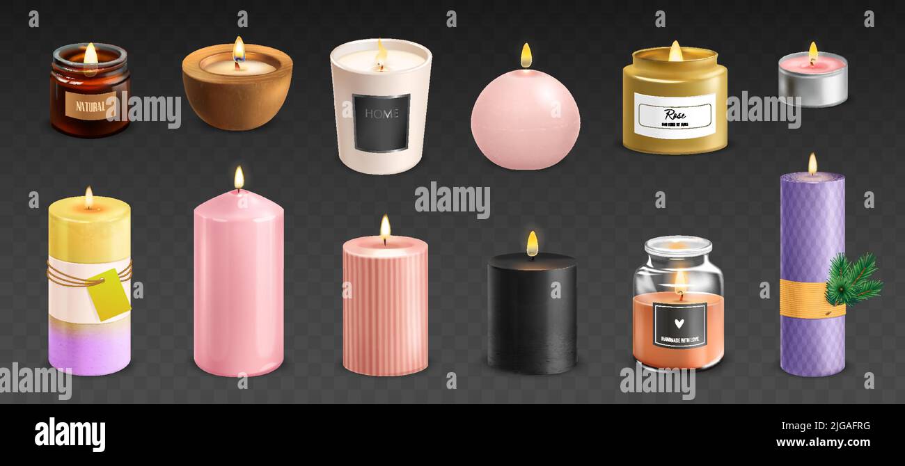 Isolated modern scented wax candles realistic set on transparent