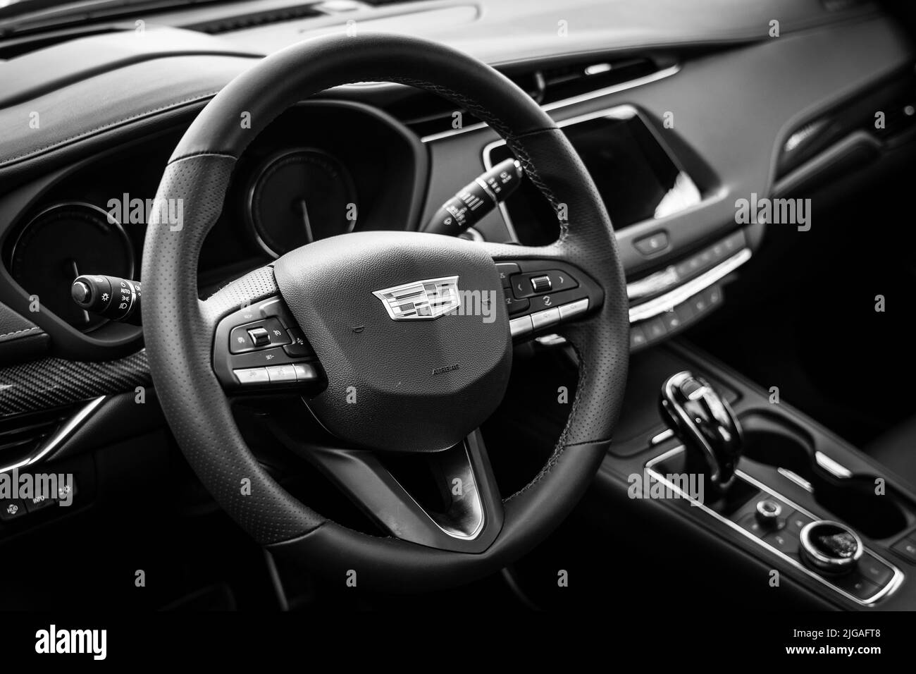 BERLIN - JUNE 18, 2022: Interior of the subcompact luxury crossover SUV Cadillac XT4. Black and white. Classic Days Berlin. Stock Photo