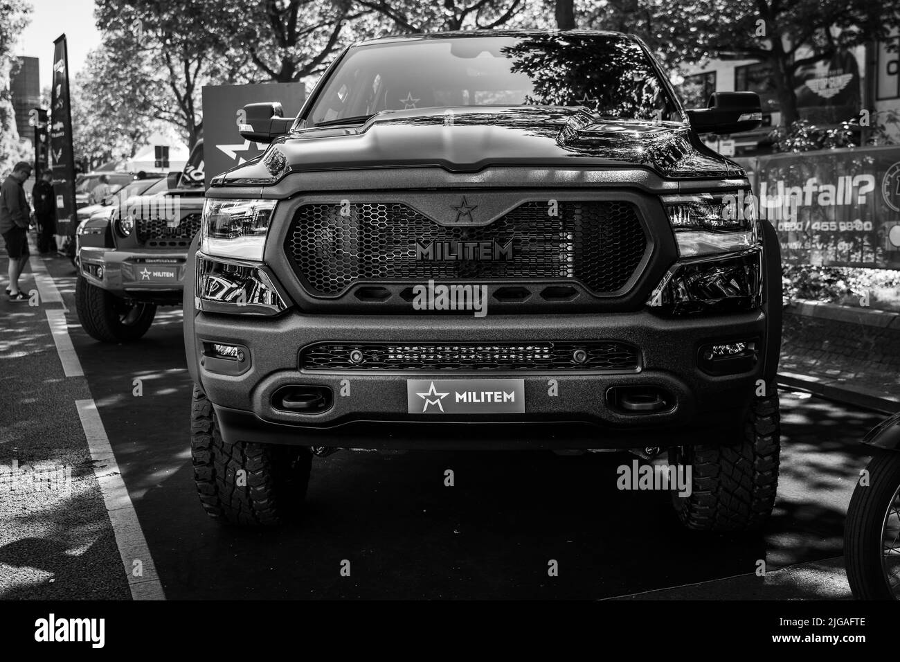 BERLIN - JUNE 18, 2022: Full-size pickup truck Militem Magnum on based by Dodge RAM 1500. Black and white. Classic Days Berlin. Stock Photo