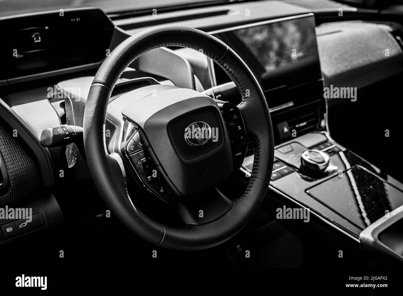 BERLIN - JUNE 18, 2022: Interior of the battery electric compact crossover SUV Toyota bZ4X. Black and white. Classic Days Berlin. Stock Photo