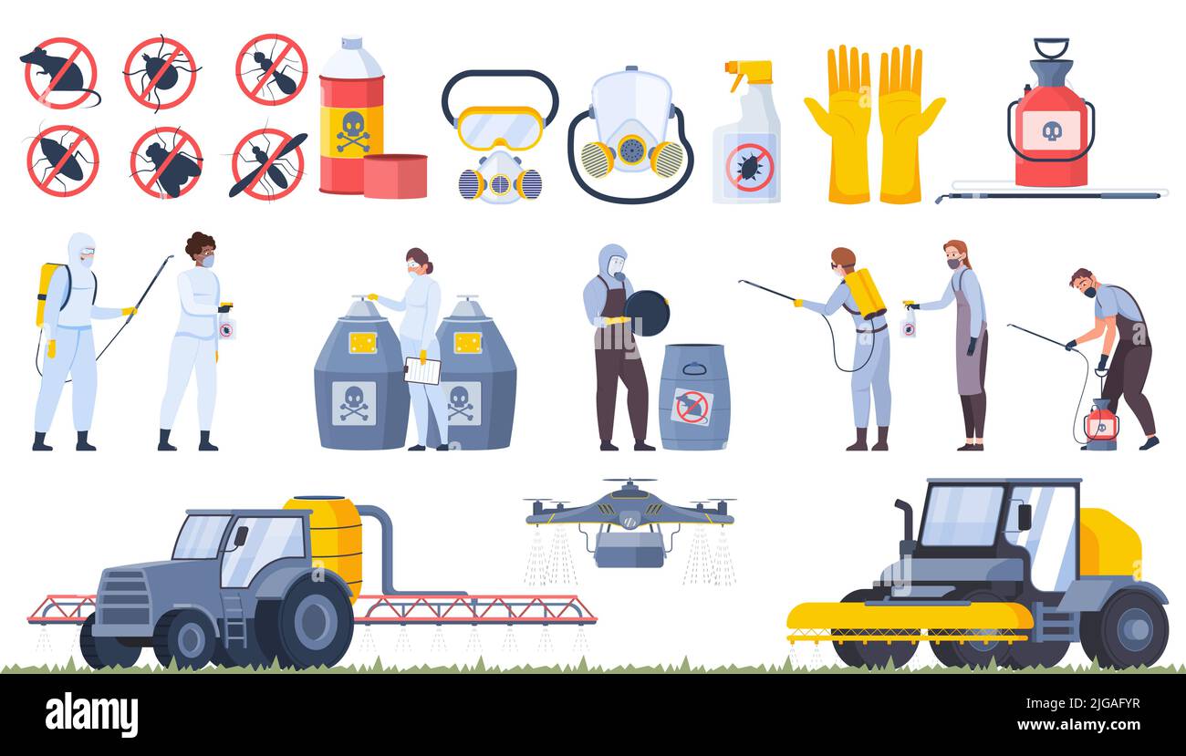 Pesticide farm set of flat isolated icons with images of field machines ...