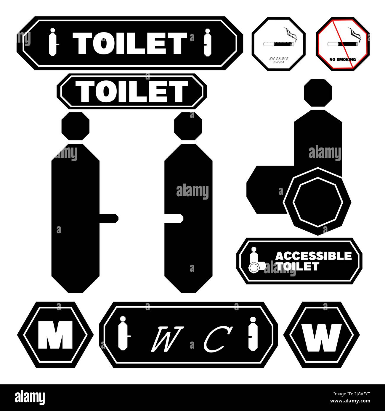 Vector men and women, disabled restroom sign set. Black silhouettes of people. Vector toilet icons Stock Vector