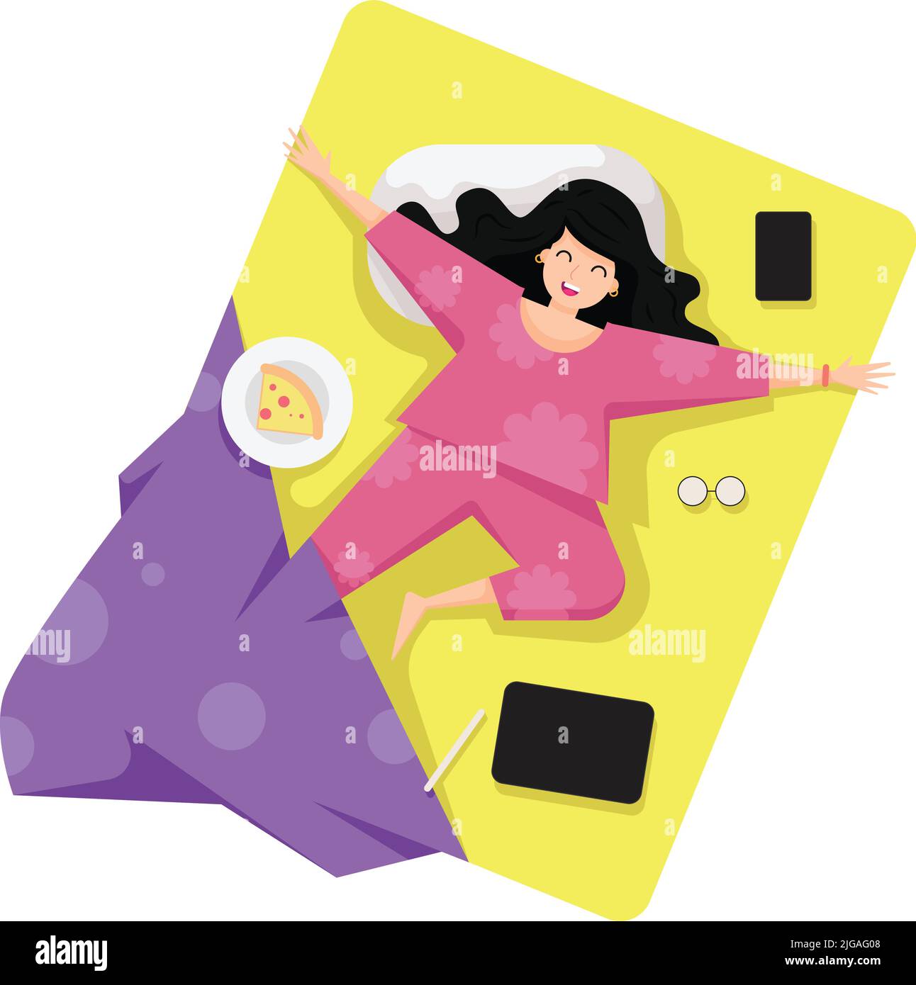 Joyful young woman lying on bed with pizza, mobile phone and glasses. Concept of happy sleeping, bed time and morning wake up. vector illustration Stock Vector