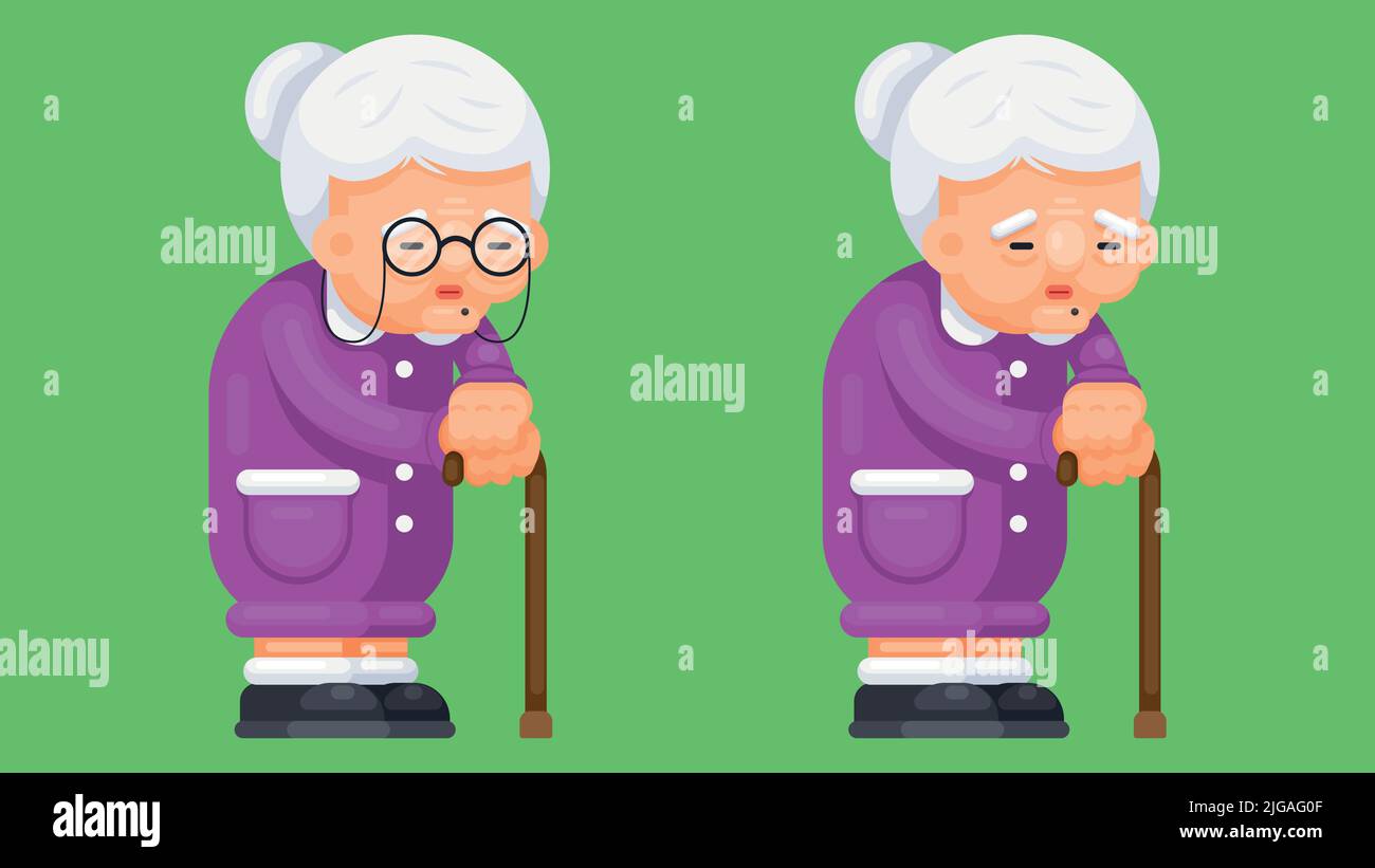 Old woman with a walking stick in a standing position, with eye glasses and without eye glasses. Flat style vector illustration Stock Vector