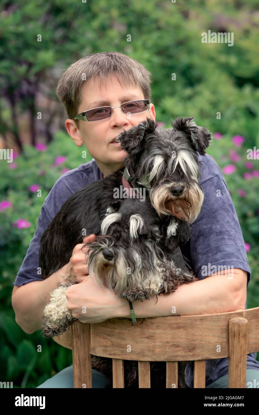 Woman sitting with two miniature schnauzer dogs outdoor. Stock Photo