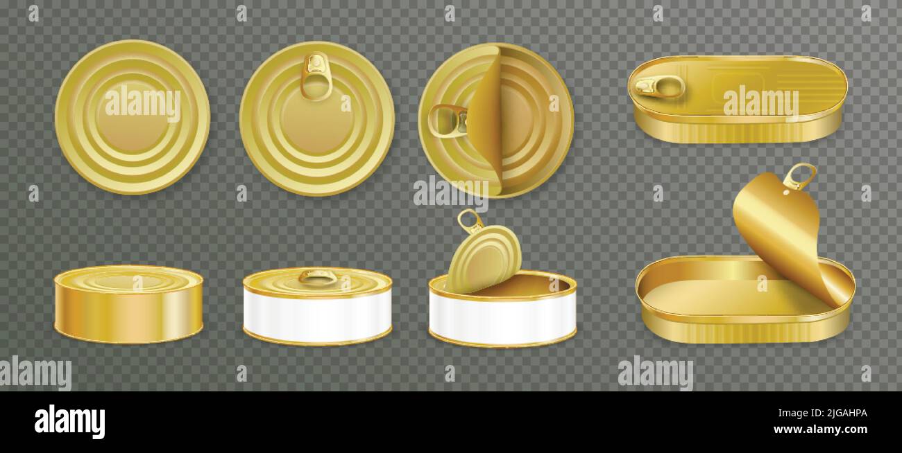 Set with isolated images of golden aluminium tins and cans with ...