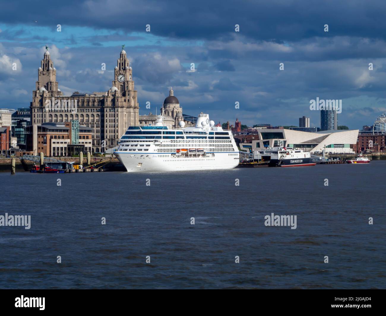 Liverpool Docks, where history and modern combine, to give an iconic landscape and welcome to the port. Stock Photo