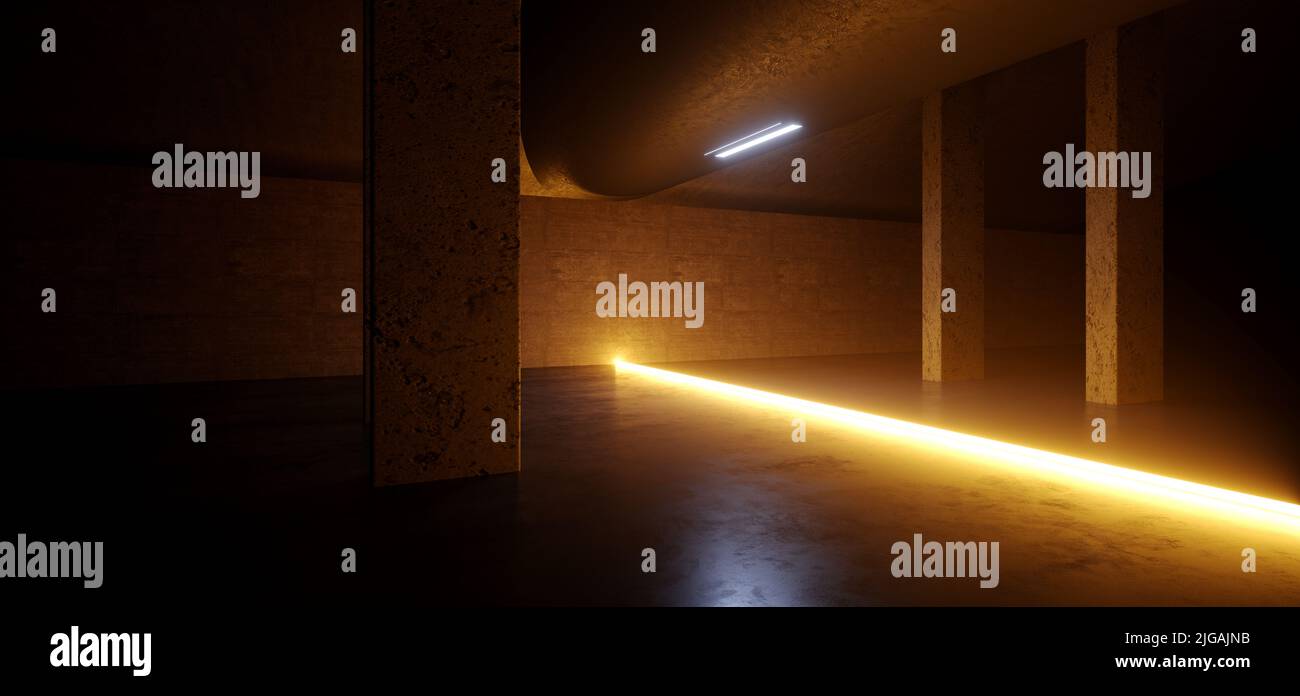 Dark Orange Laser Light Glowing Sci Fi Futuristic Bomb Shelter Studio basement Concrete Rough Asphalt Parking Underground Hallway 3D Rendering Illustr Stock Photo