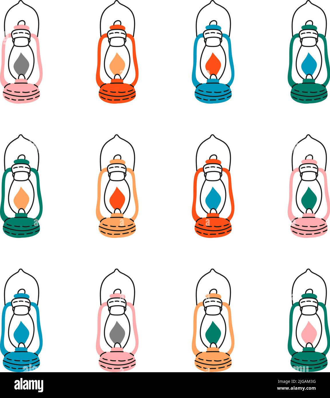 Old gas lamp set. Vintage oil lantern with burning wick and holder