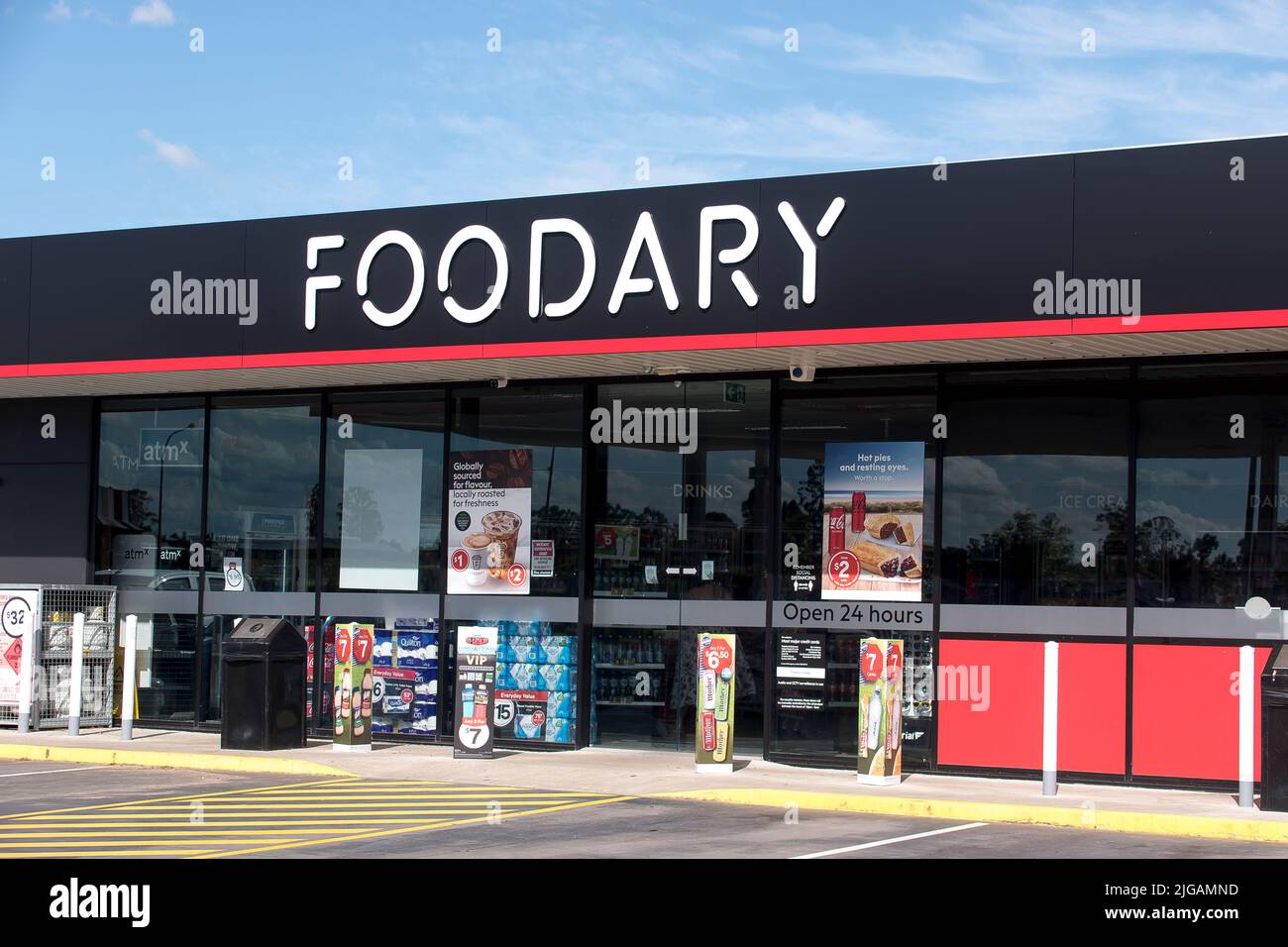Foodary shop and cashier at Australian petrol station near Beaudesert in the Scenic Rim, Queensland, Australia. Shopfront. Stock Photo