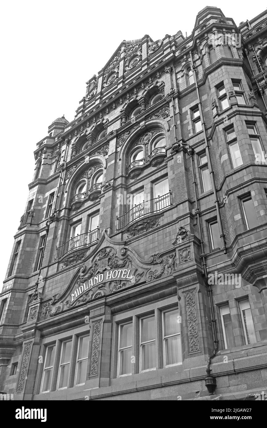 Details from the Midland Hotel, classic railway hotel, 16 Peter St, Manchester, England, UK,  M60 2DS - monochrome Stock Photo