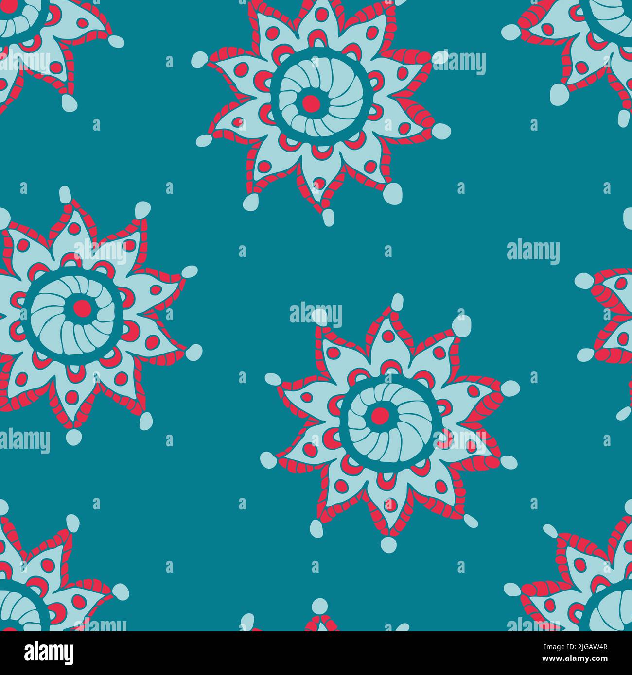 Seamless vector pattern with abstract flower on blue background. Gypsy style wallpaper design with artistic star. Decorative floral fashion textile. Stock Vector